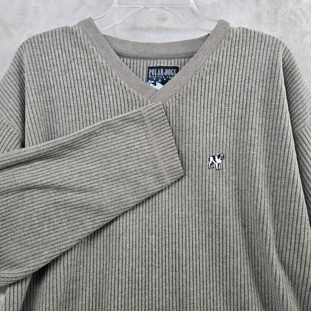 Big Dogs Size Large Polar Dogs Pullover Gray‎ Ribbed Fleece V-Neck Sweater